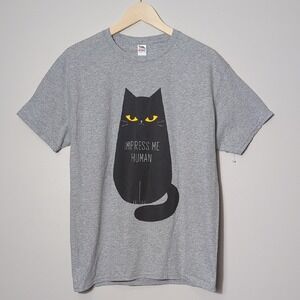 Fruit of the Loom Cotton Gray Novelty T-Shirt Unisex Medium Black Cat Impress Me